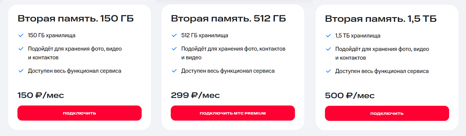 Тарифы на использование услуги "МТС Вторая память"